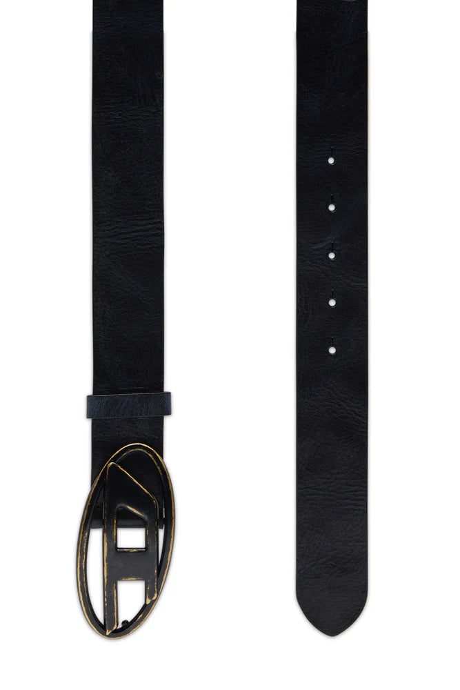 Leather belt with oxidised logo buckle