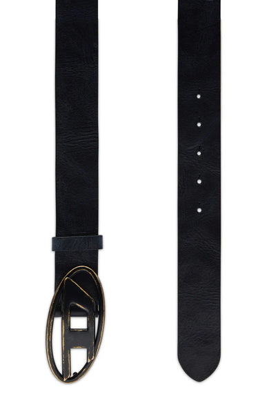 Leather belt with oxidised logo buckle