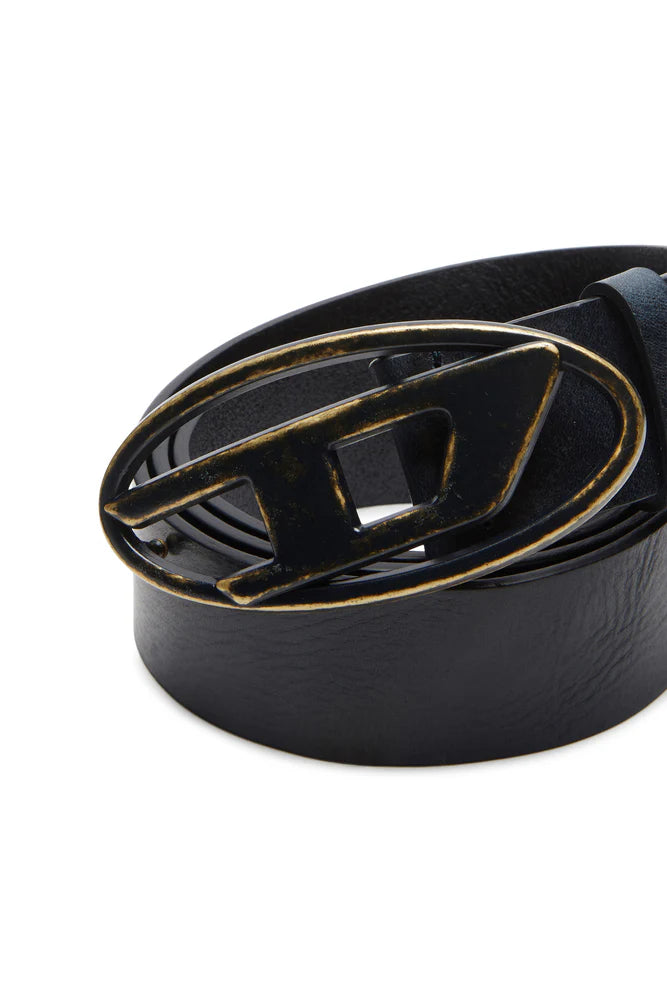 Leather belt with oxidised logo buckle