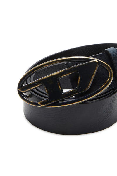 Leather belt with oxidised logo buckle