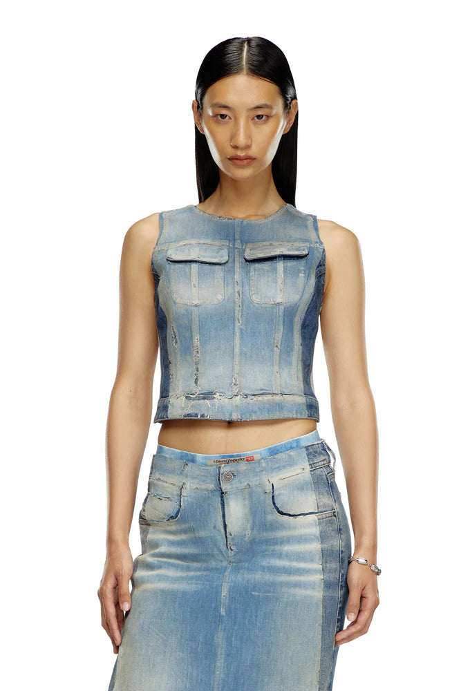 Top in peel-off denim and jersey