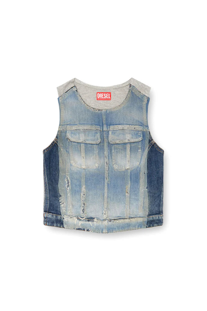 Top in peel-off denim and jersey