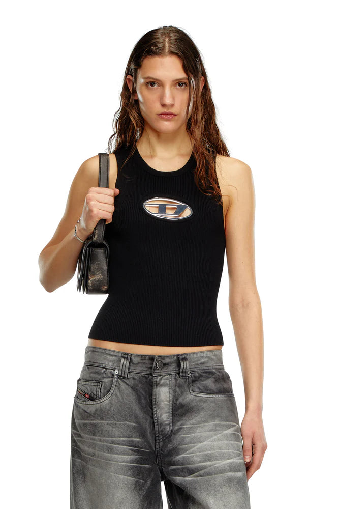 Cut-Out Knit Top With Logo Plaque