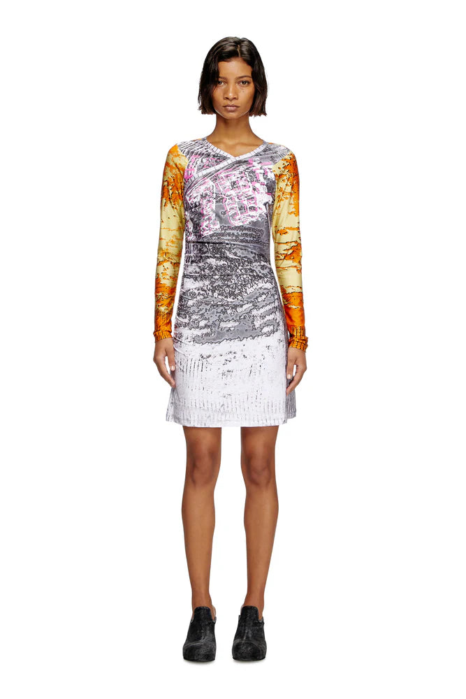 Printed Dress With Hair-Trimmed Neck