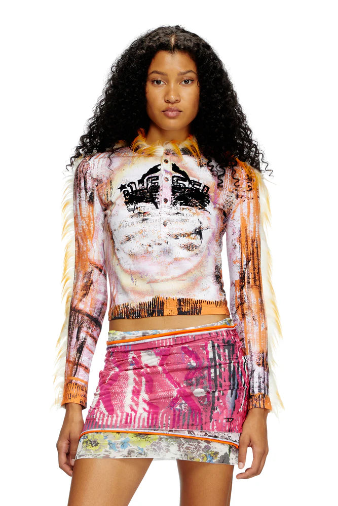 Cropped Henley Top With Fuzzy Trims