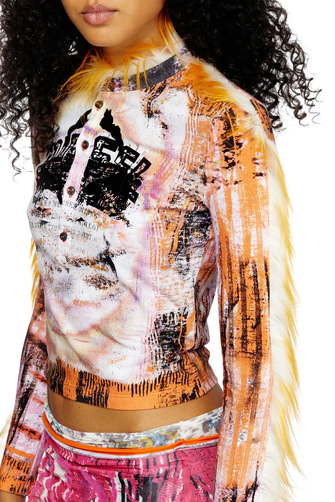 Cropped Henley Top With Fuzzy Trims