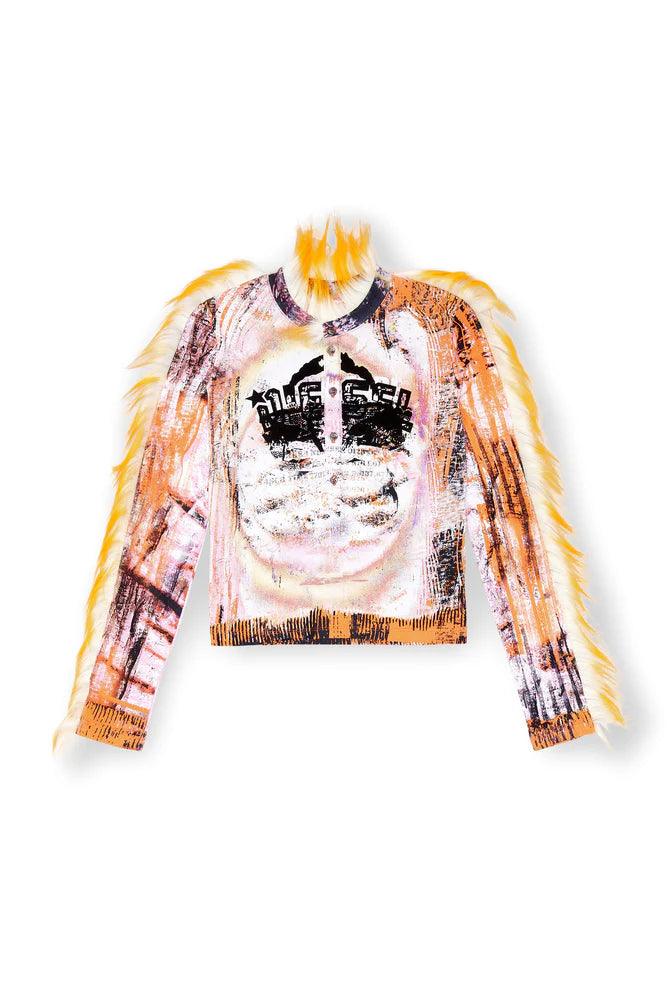 Cropped Henley Top With Fuzzy Trims