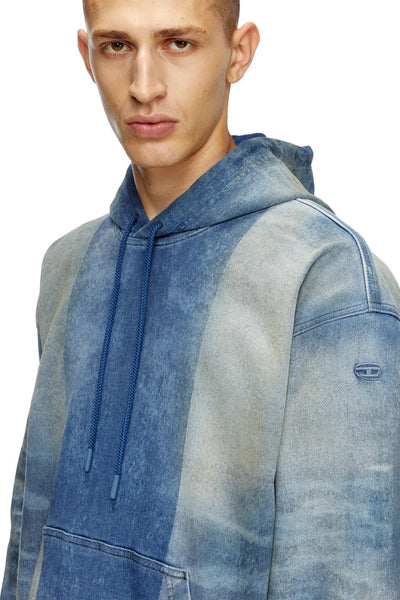 Hoodie In Track Denim With Solarised Folds