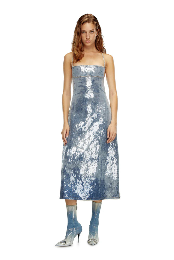 Strappy denim midi dress with sequins