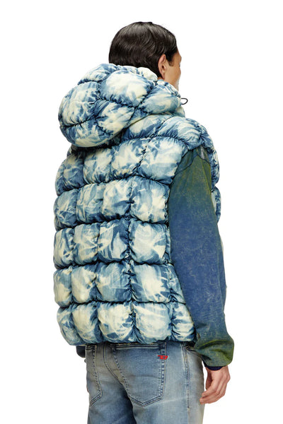 Tie-dyed denim puffer vest