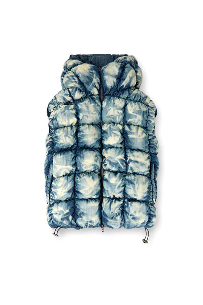 Tie-dyed denim puffer vest