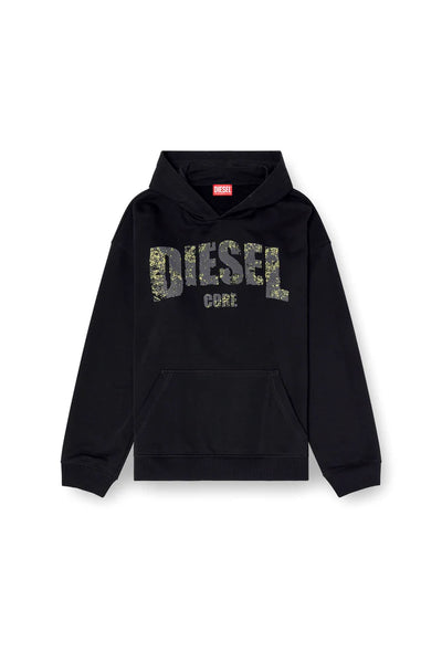 Hoodie with destroyed-effect logo print