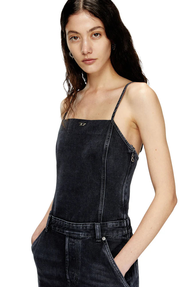 Strappy jumpsuit in batavia-weave denim