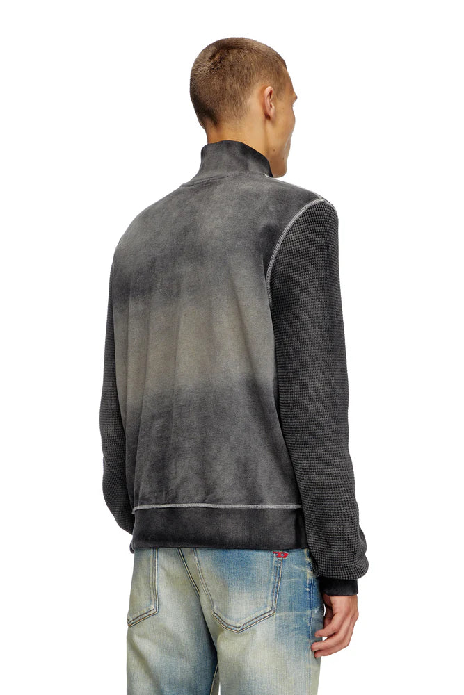 Waffle and jersey zip-up sweatshirt