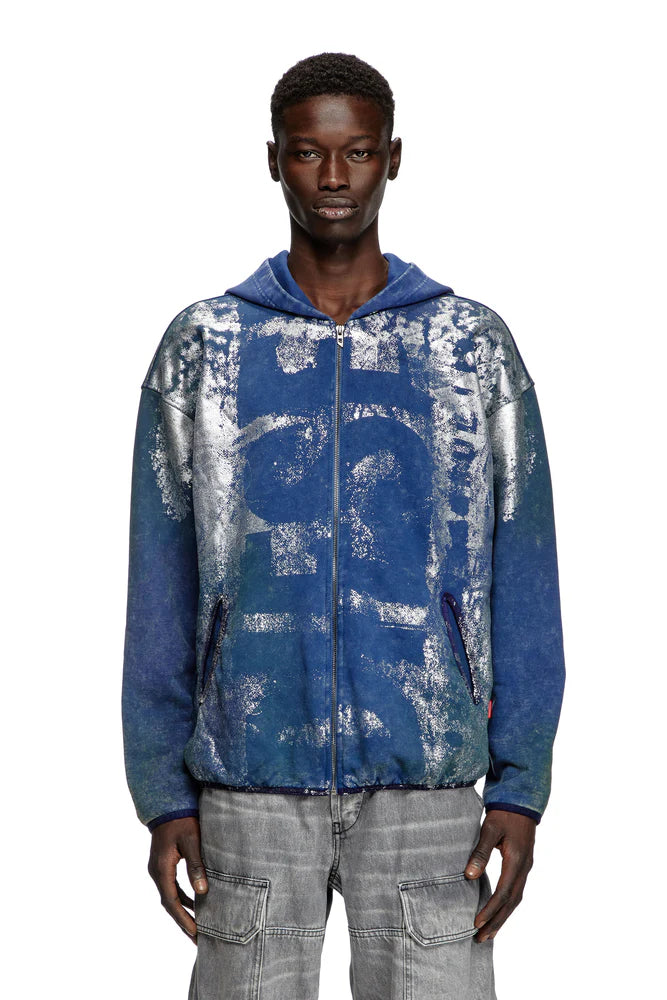 Zip-up hoodie with distressed effects