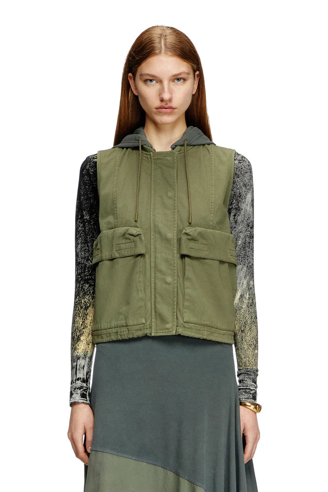 Hooded cargo vest in cotton twill