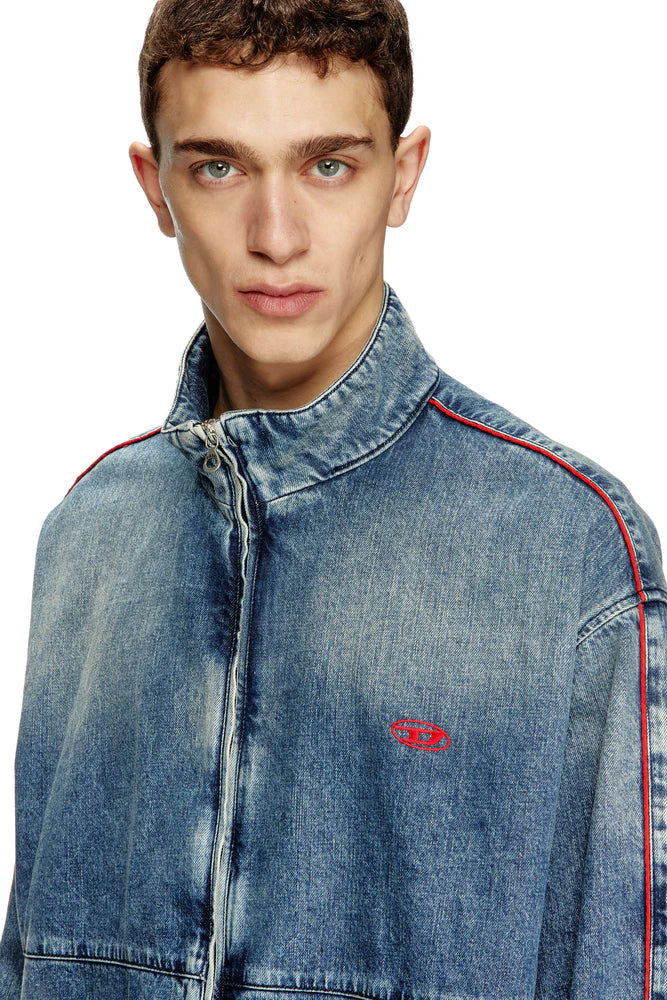 Denim jacket with red piping