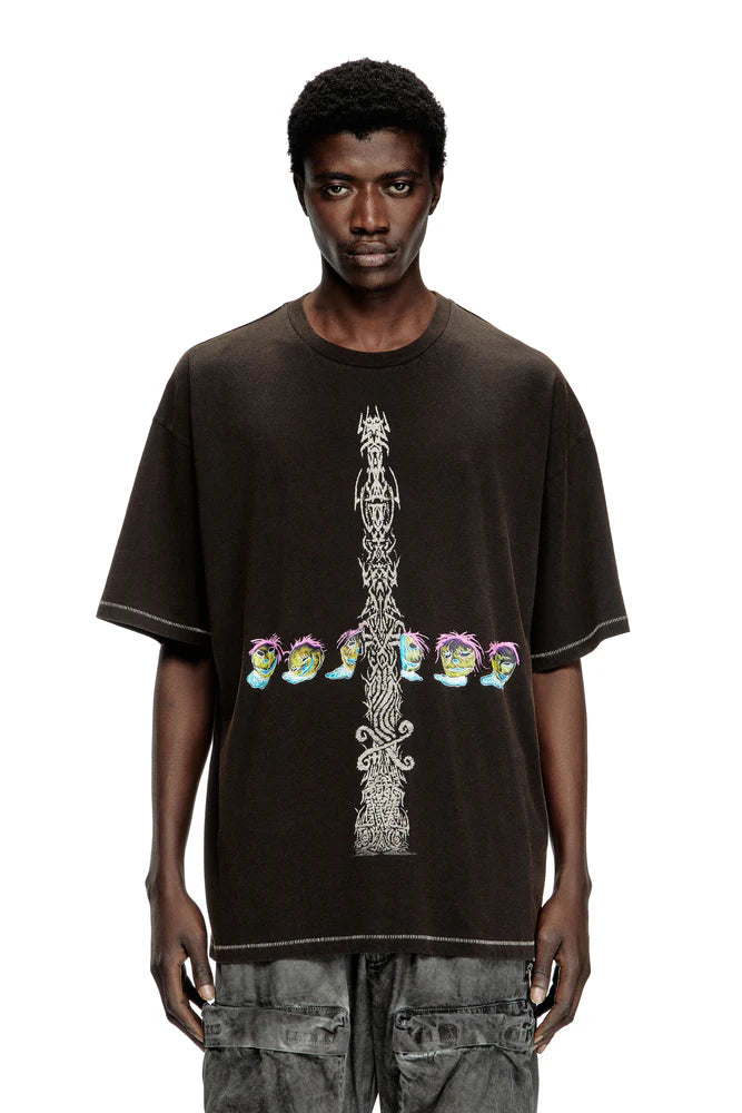 Acid-wash T-shirt with printed graphics