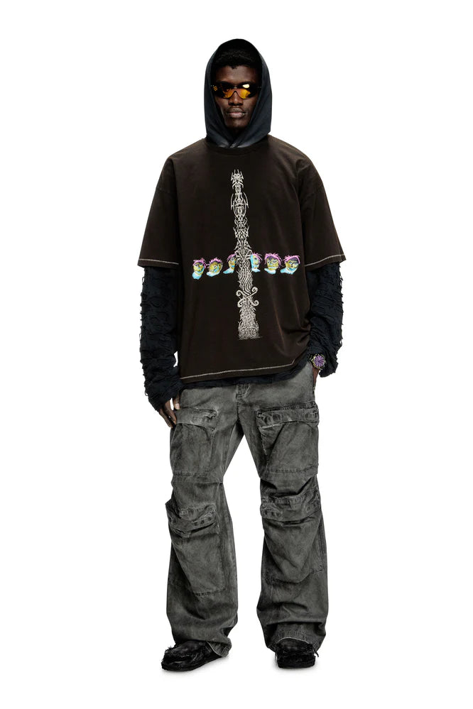 Acid-wash T-shirt with printed graphics