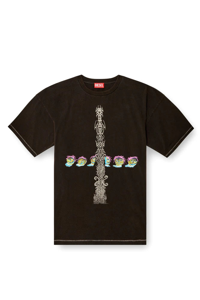 Acid-wash T-shirt with printed graphics