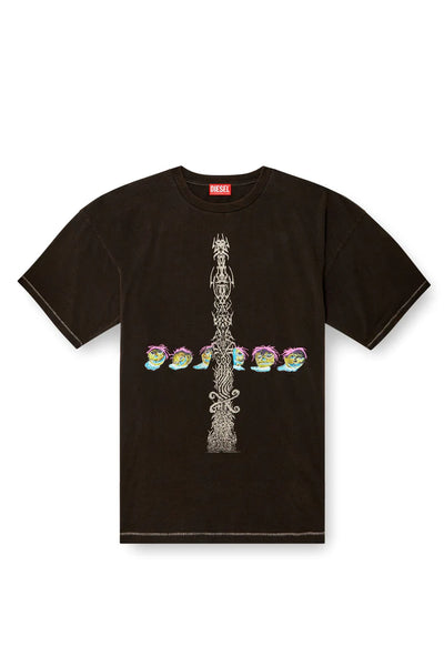 Acid-wash T-shirt with printed graphics
