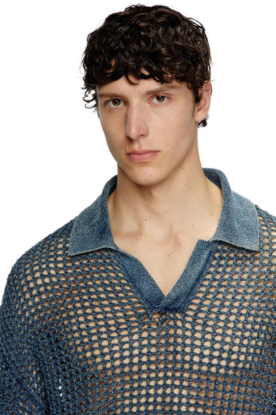 Open-knit polo jumper in denim yarn