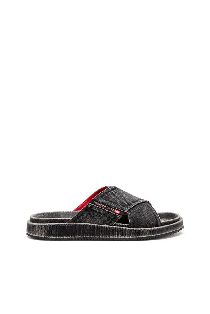Sa-Slide-Denim slides with criss-cross straps