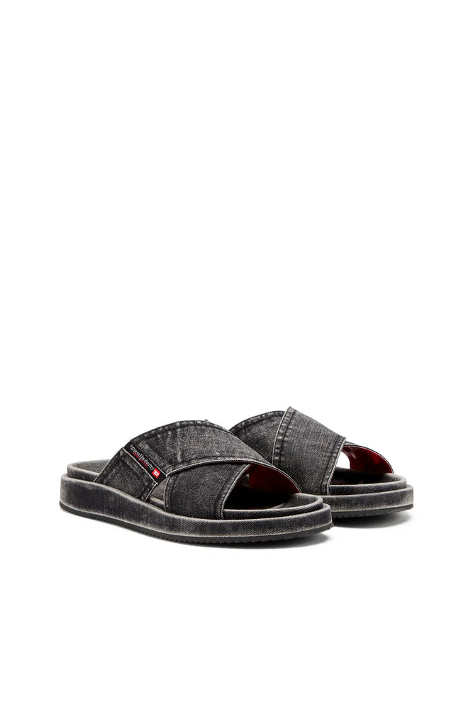 Sa-Slide-Denim slides with criss-cross straps