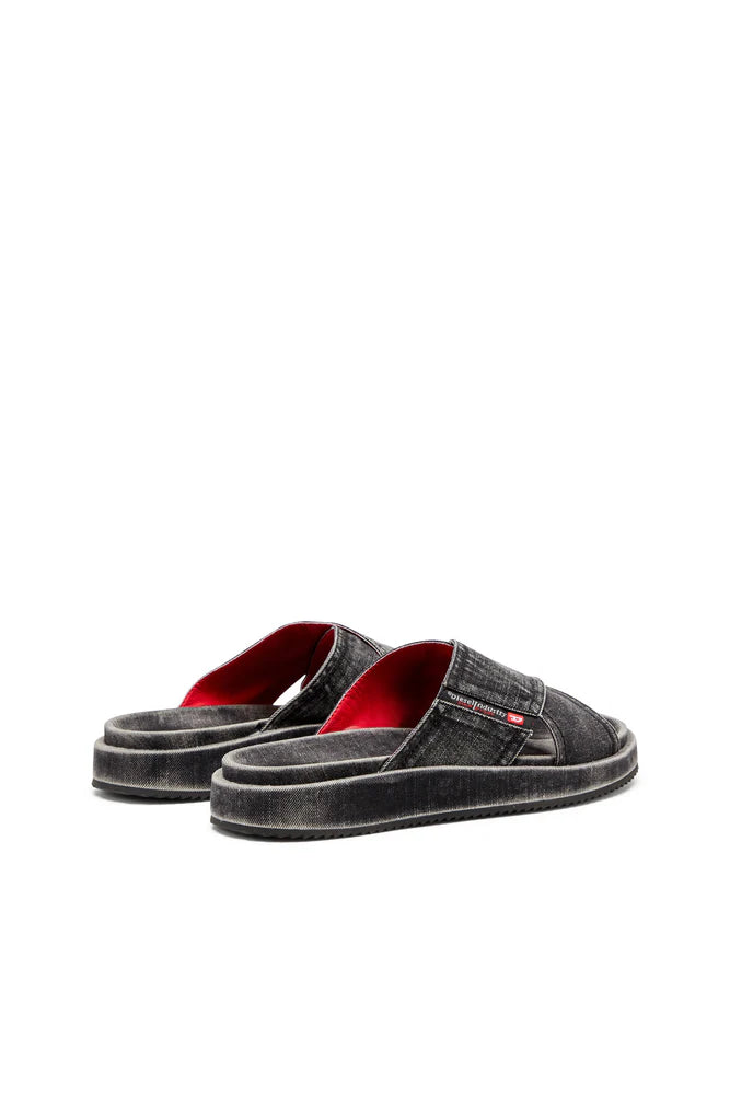 Sa-Slide-Denim slides with criss-cross straps