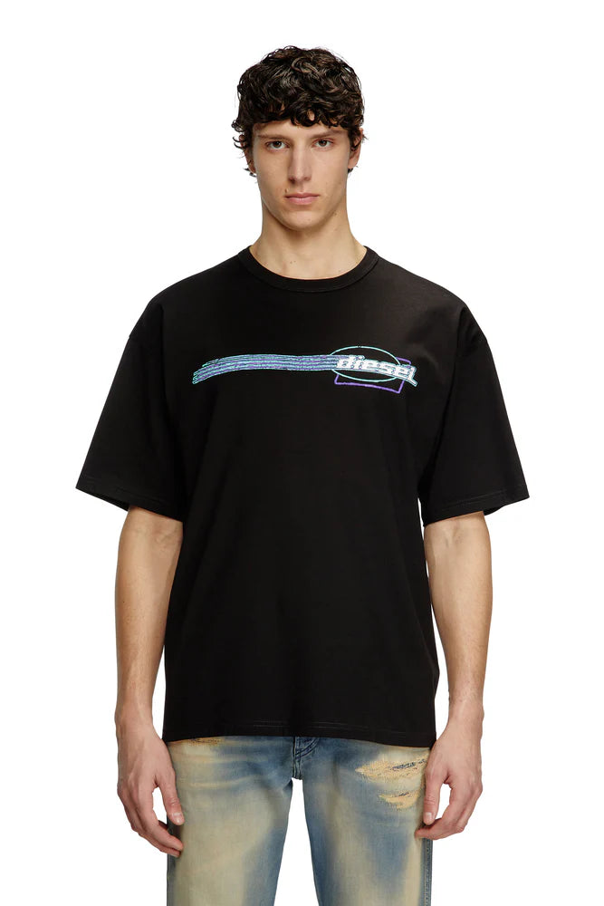 T-shirt with flocked logo graphics