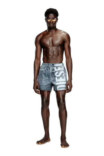 Mid-length trompe l'oeil-denim swim shorts