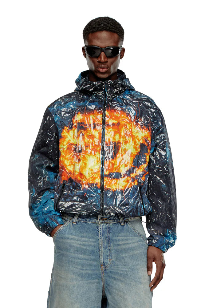 Hooded windbreaker with poster print