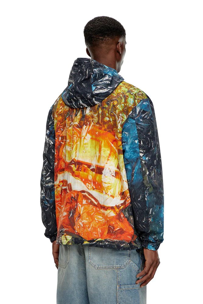 Hooded windbreaker with poster print