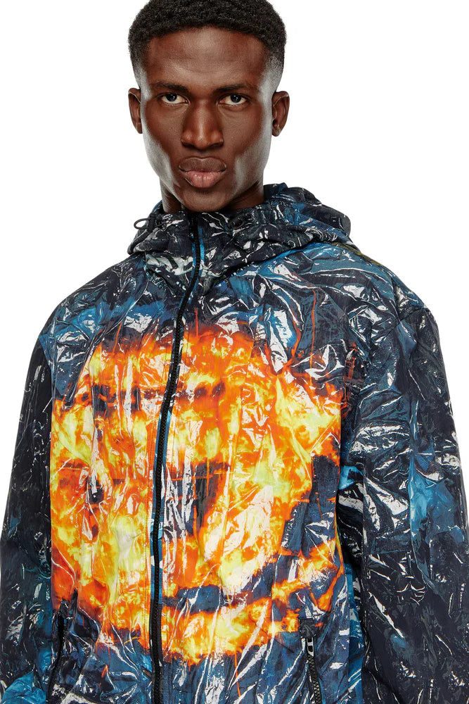 Hooded windbreaker with poster print