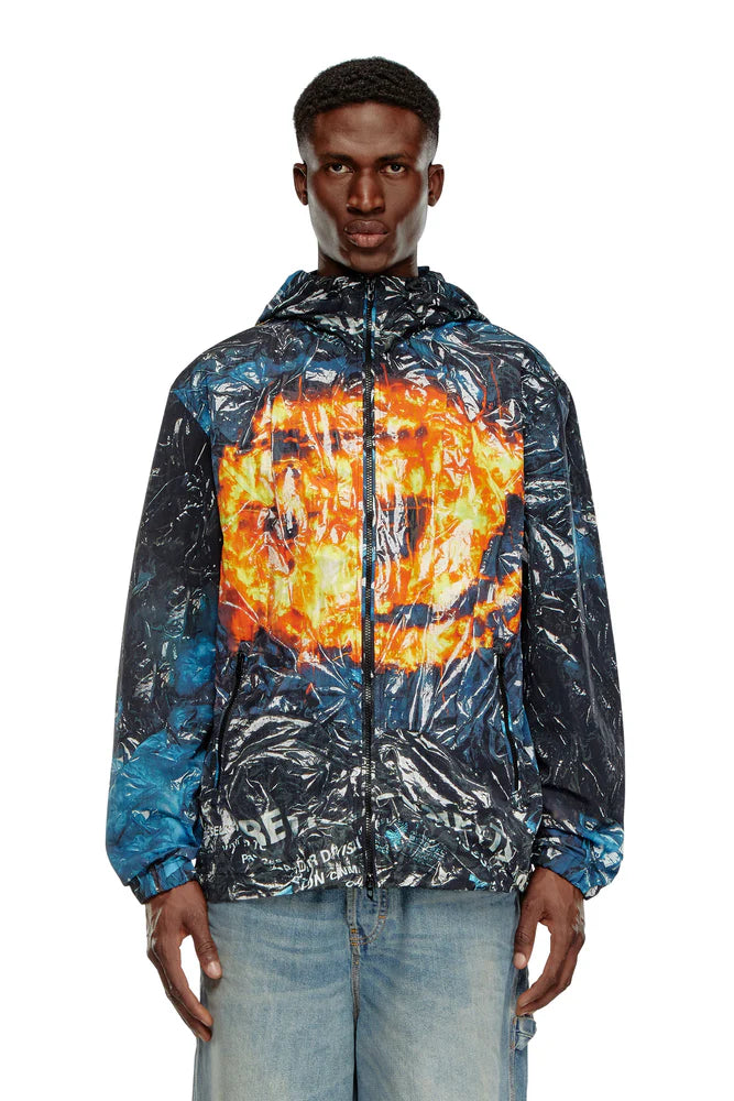 Hooded windbreaker with poster print