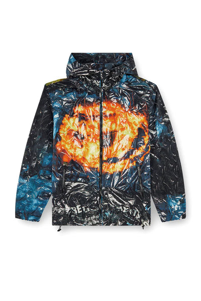 Hooded windbreaker with poster print