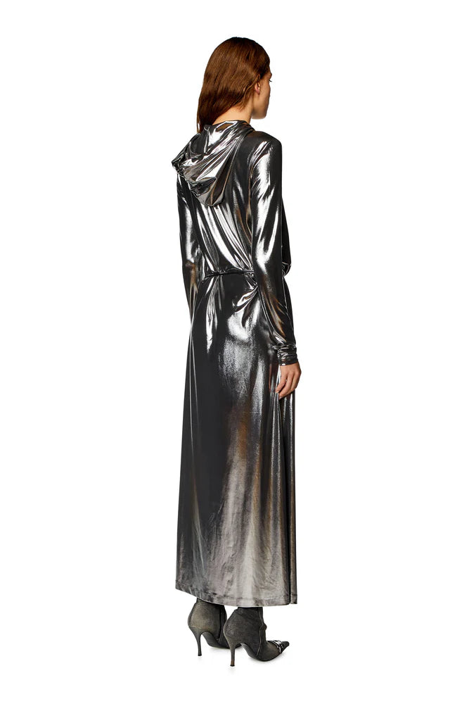 Hooded maxi dress in metallic jersey