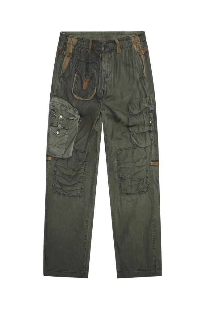 Trompe l'oeil trousers with military print